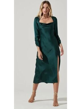 ASTR The Label Gracie Hunter Green Satin Open Back Midi Dress Size S